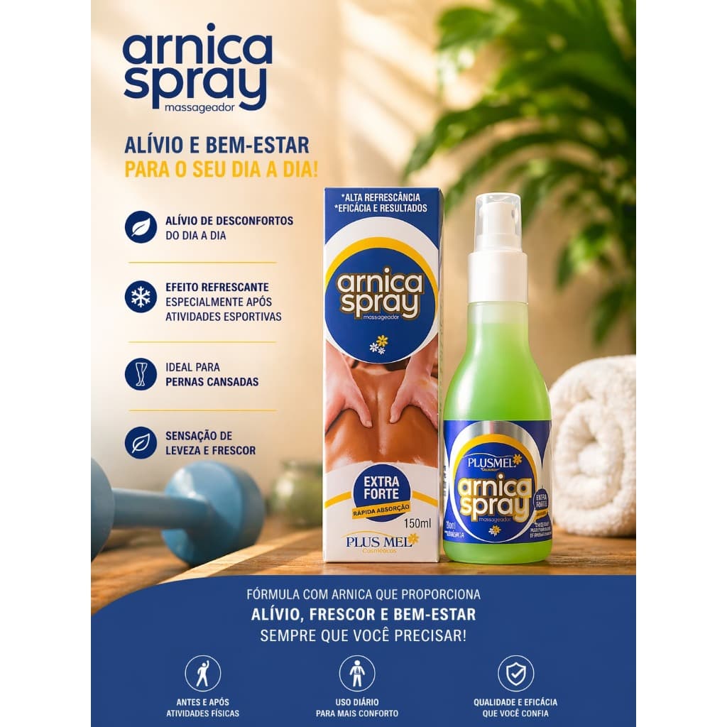 spray massageador de arnica alivia dores e cansaço muscular 150 ml