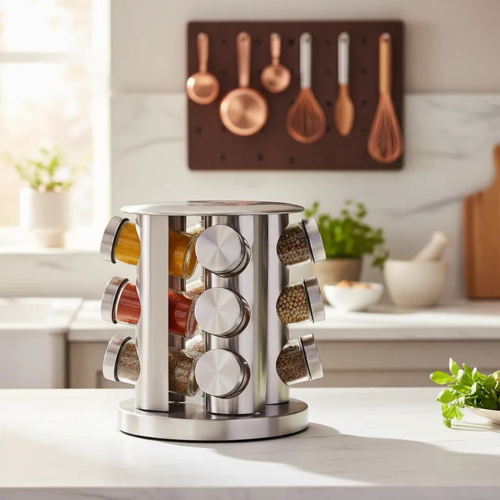 Porta Temperos e Condimentos Inox Giratório 360º 12 Potes de Vidro Pronta Entrega Envio Imediato