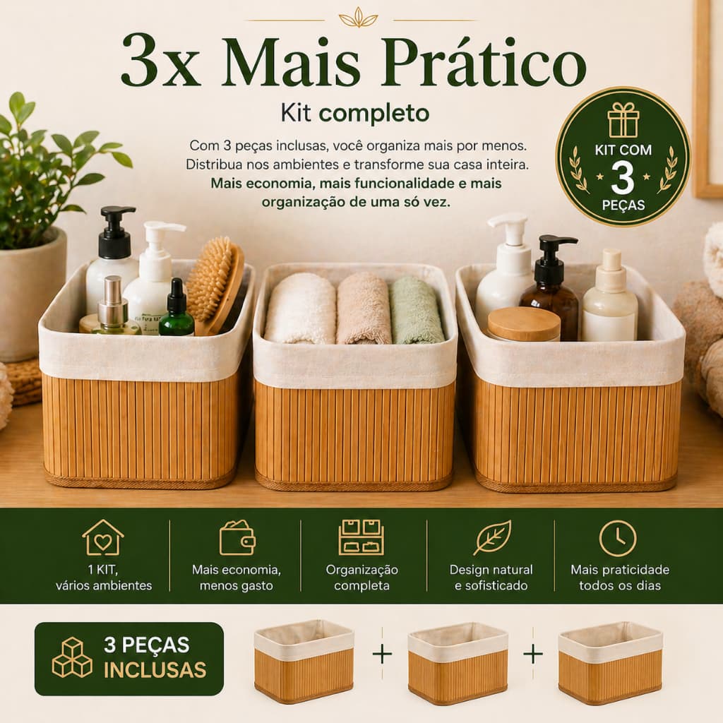 🔥 Bamboo Élégance™ Organizador de Bambu 3 Peças Multiuso Sustentável Cesto Organizador Closet Banheiro Lavanderia Premiu
