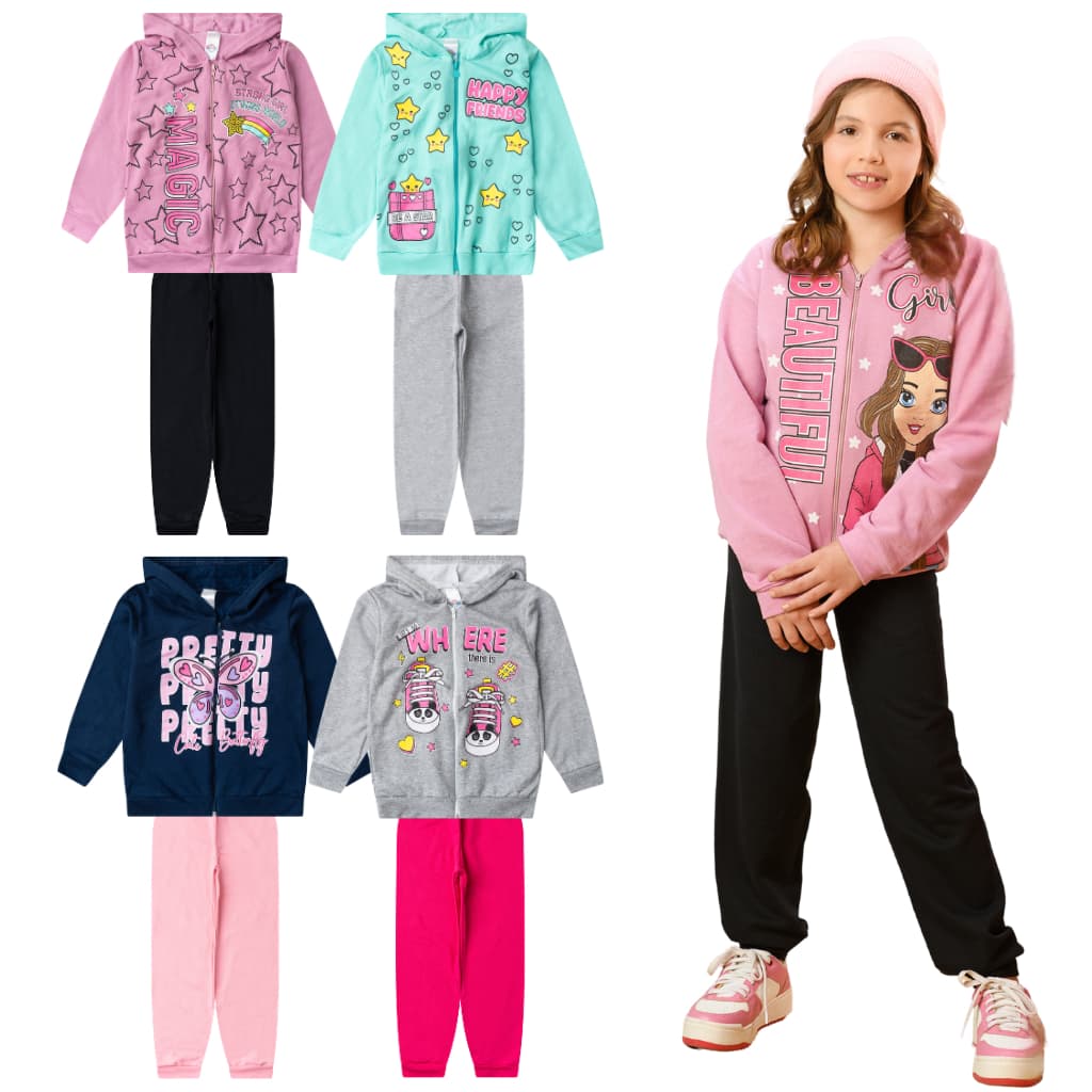 Kit 4 Peças Moletom Infantil Menina Inverno Conjunto 1 ao 14 feminino manga longa com Zíper e Capuz