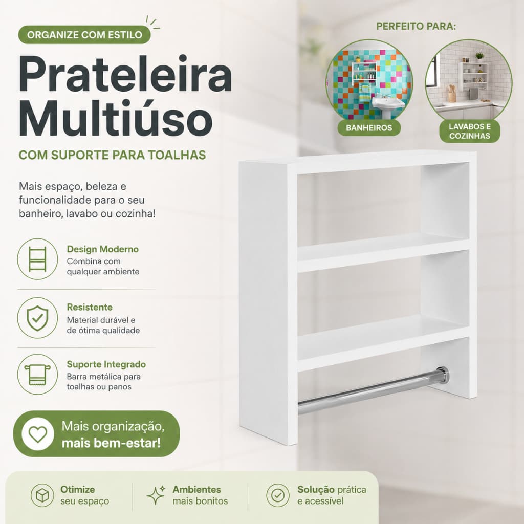 Nicho Para Banheiro MDF Branco Multiuso - Ideal Para Banheiro, Cozinha, Cabideiro, Toalha, Pano de P