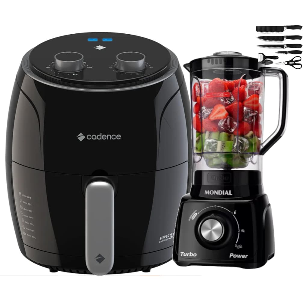 Fritadeira Sem Oleo Airfryer 1300W + Liquidificador Turbo Mundial Preto 220V / 110V