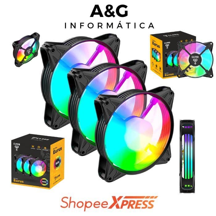KIT 3 Cooler Fan Eurus 4‑Pinos MOLEX RGB – 3 Ventoinhas 120 mm Silencioso