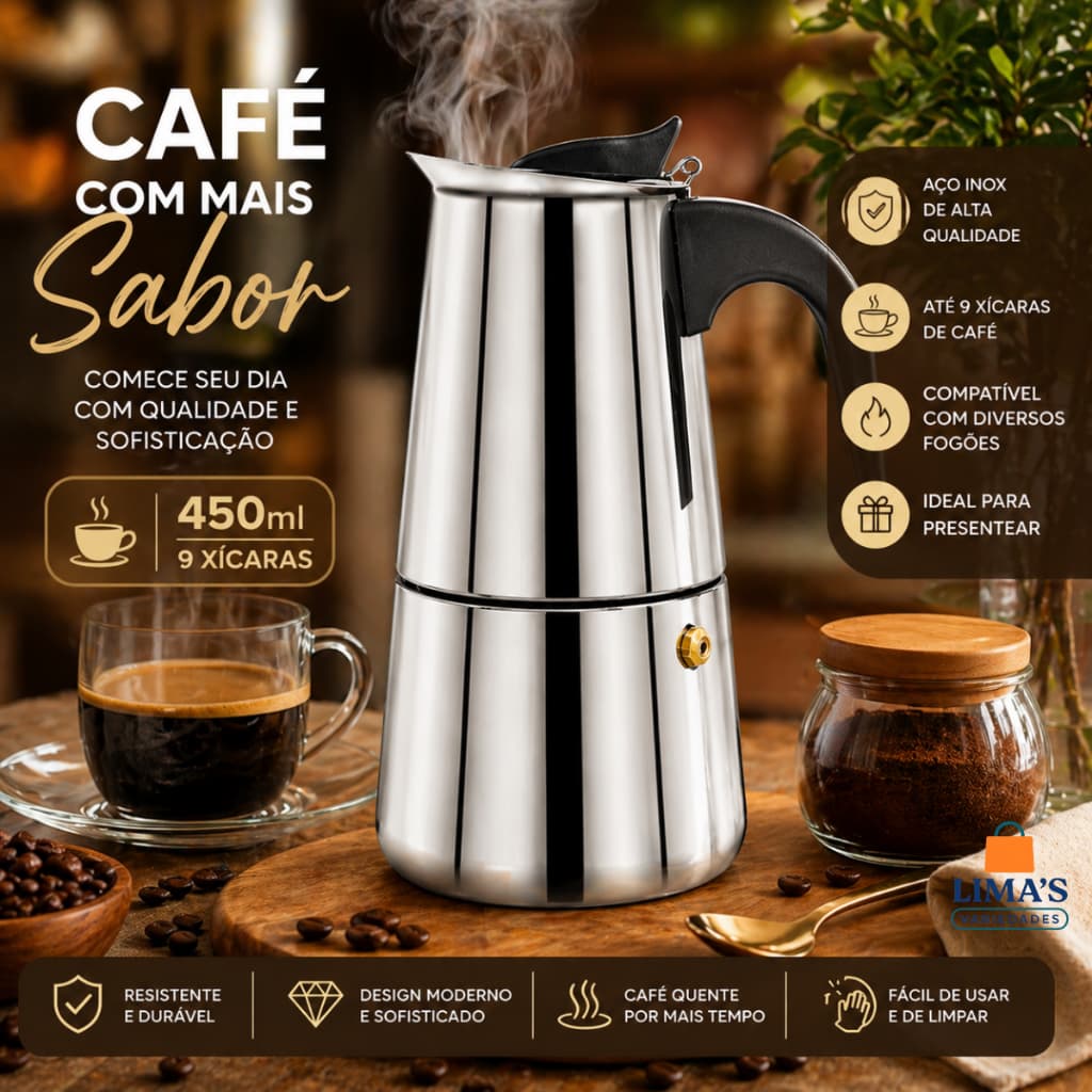 Cafeteira Italiana Inox Albema 450ml Café Expresso 9 Xícaras Fogão a Gás e Elétrico