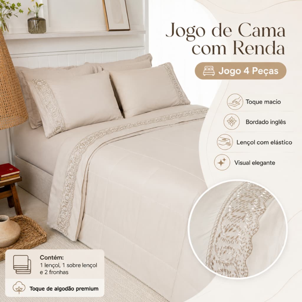 Jogo de Cama 4 Peças Com Renda Lençol, Sobre Lençol e 2 Fronhas 300 Fios Casal, Queen, King