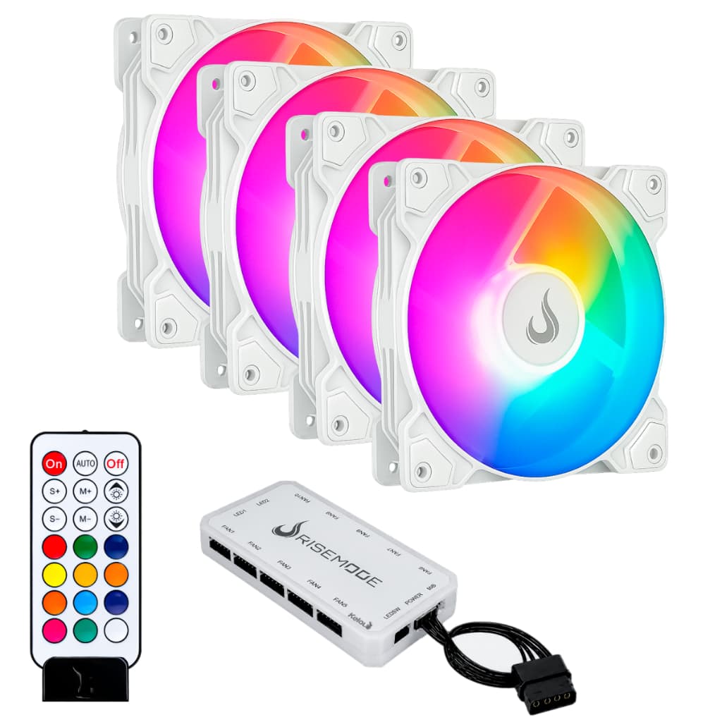 Kit 4 Fans Cooler Ventoinhas Pc Gamer Rise Mode Z White Argb C/ Controladora Hub Branco
