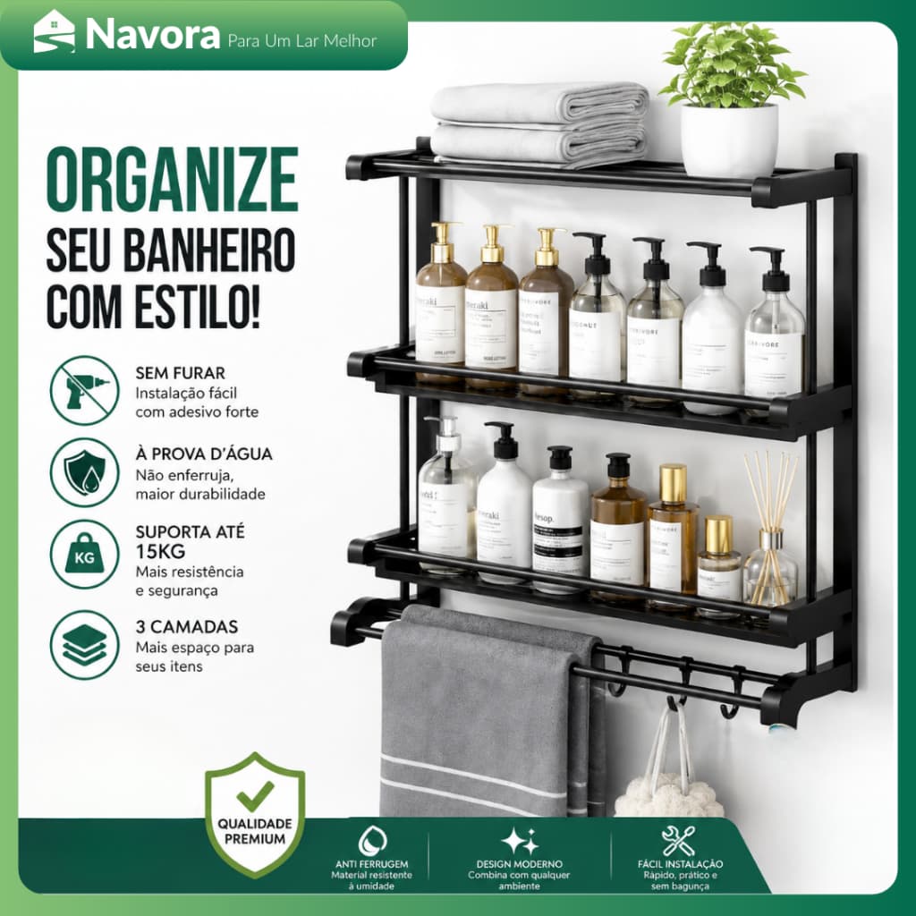 Prateleira de Parede 3 Níveis para Banheiro ou Cozinha Organizador Multiuso