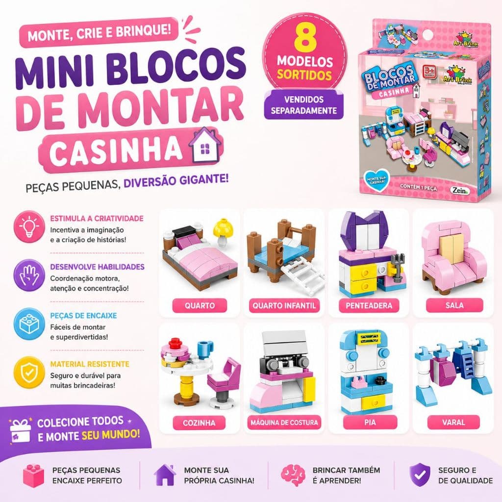Mini Blocos de Montar Surpresa Casinha 8 modelos sortidos monte sua casinha lego brinquedo de menina