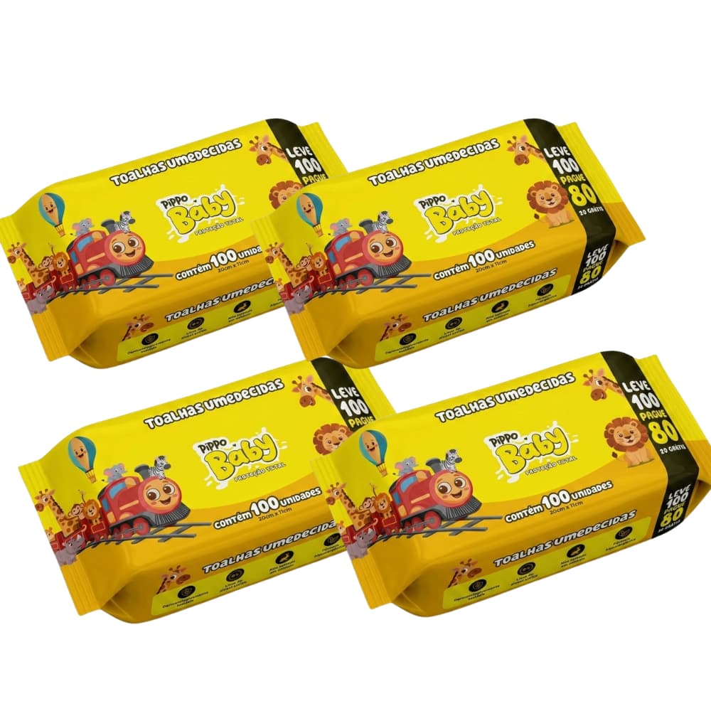 Kit 400 Lenços Umedecido Toalhas Higiênicas 100 Folhas Infantil Menina Menino Bebe Pippo Baby