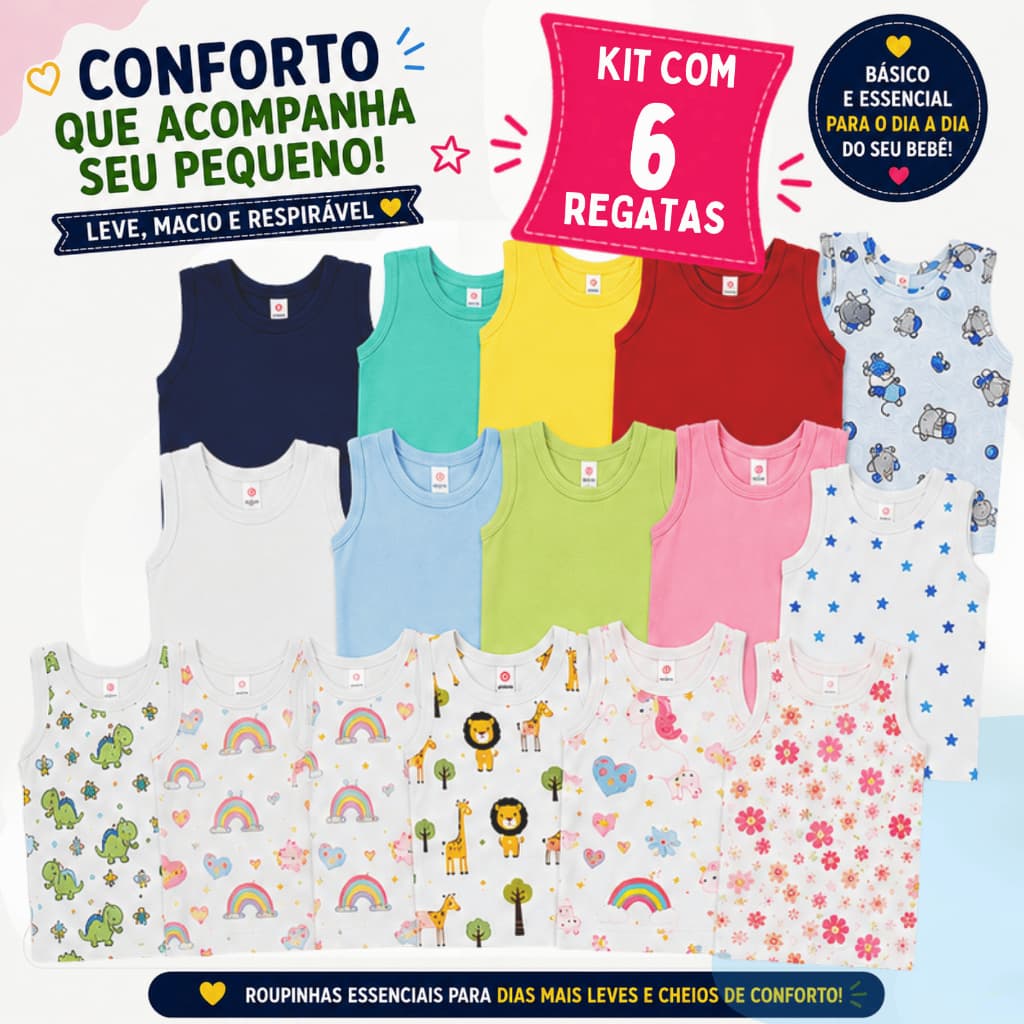 Kit 6 Regatas Camisetas bebê Pijama Menino Menina Lisas estampadas Verão Enxoval Bebê 100% Algodão