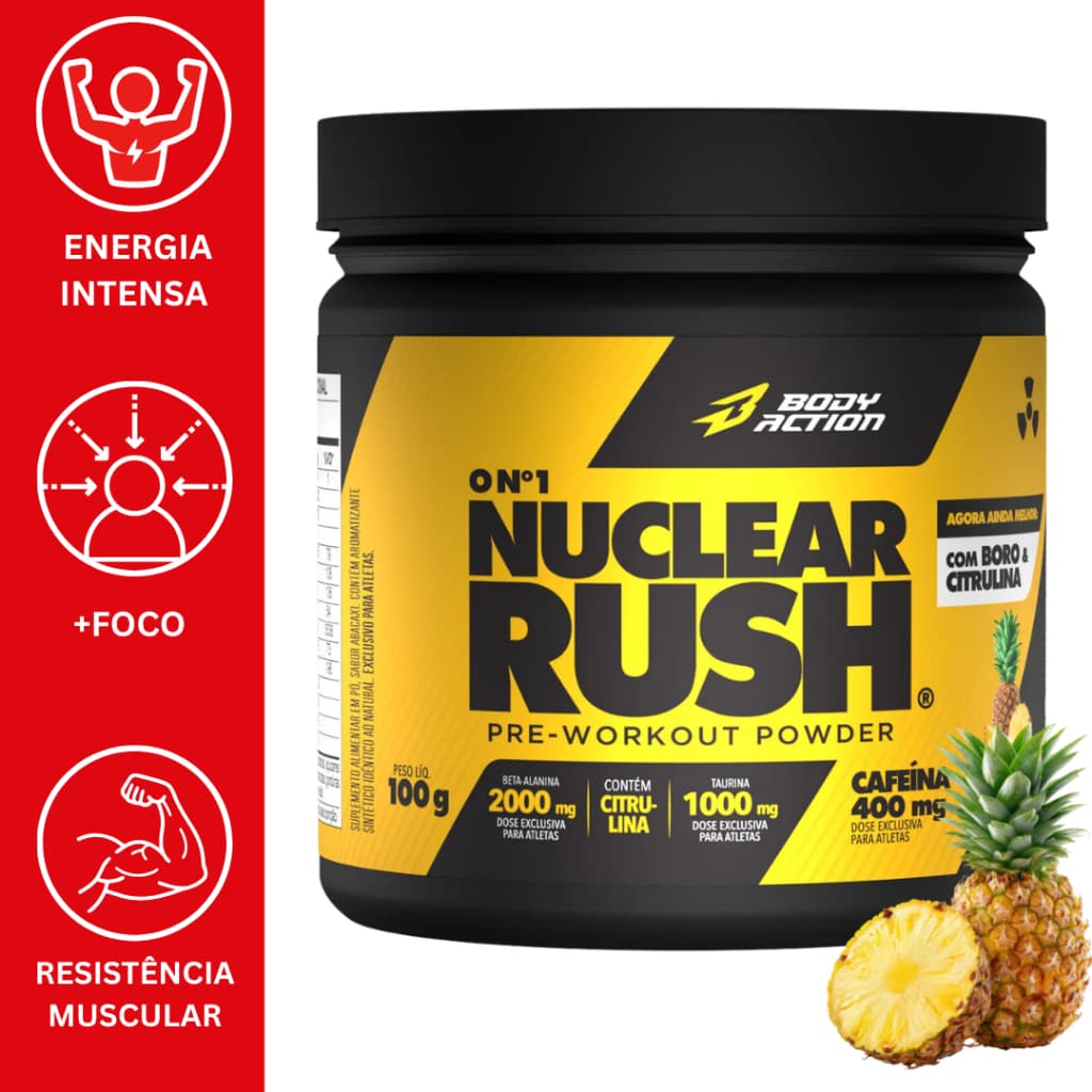 NUCLEAR RUSH BODYACTION PRÉ TREINO 100G ENERGIA FOCO DISPOSIÇÃO