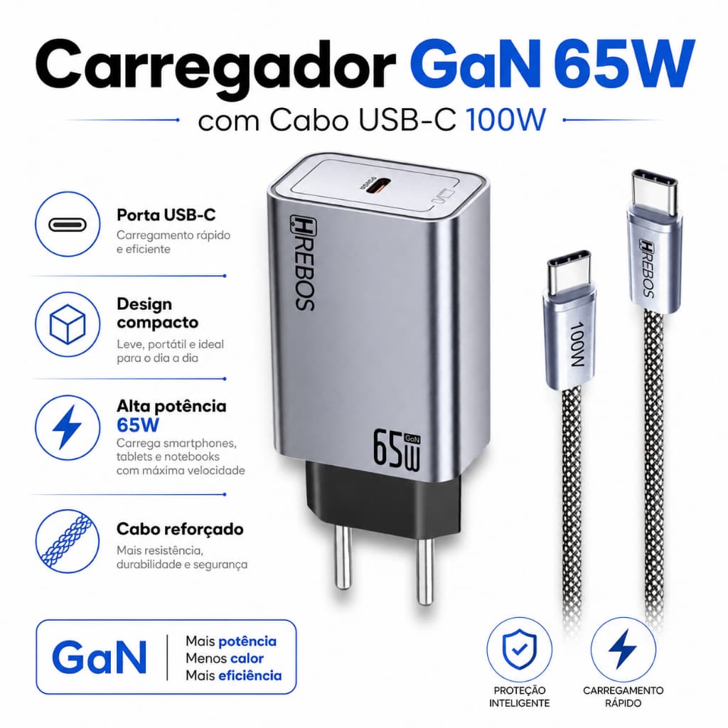 Carregador Celular Turbo 65W USB-C PD + Cabo Type-C Carga Rápida Carregador Rapido Gan