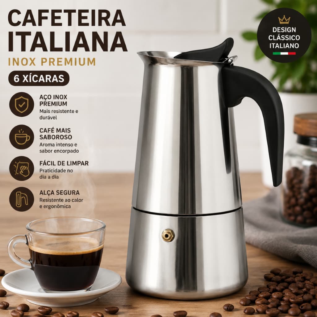Cafeteira Italiana Inox 6 Xícaras Premium Café Expresso Tradicional