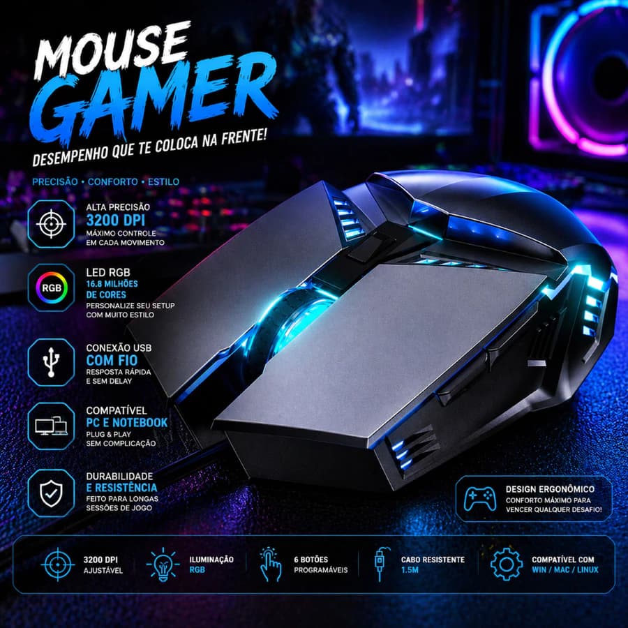 Mouse Gamer RGB com Fio USB Alta Precisão LED Colorido para PC Notebook Setup Gamer
