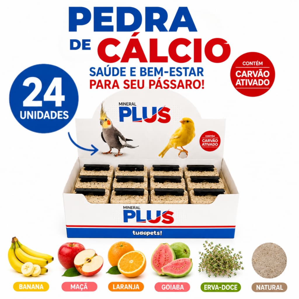 Pedra de Calcio Mineral Plus Caixa com 24 Unidades de 32g Cada CanáriosPássaros Calopsita C/ Sabor