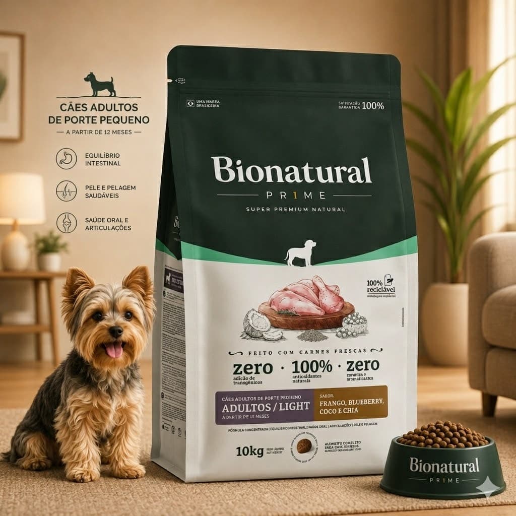 Ração Bio Natural Prime Light Cães Adultos Castrados Raças Pequenas Frango 10kg Blueberry