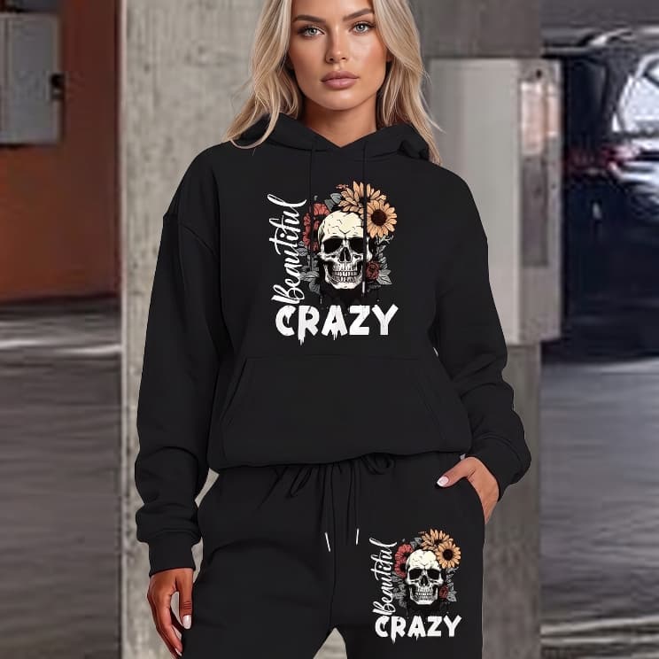 Kit Conjunto Moletom Bolso Capuz e Calça Jogger Feminino Beautiful Crazy Just Peachy Y2K Streetwear