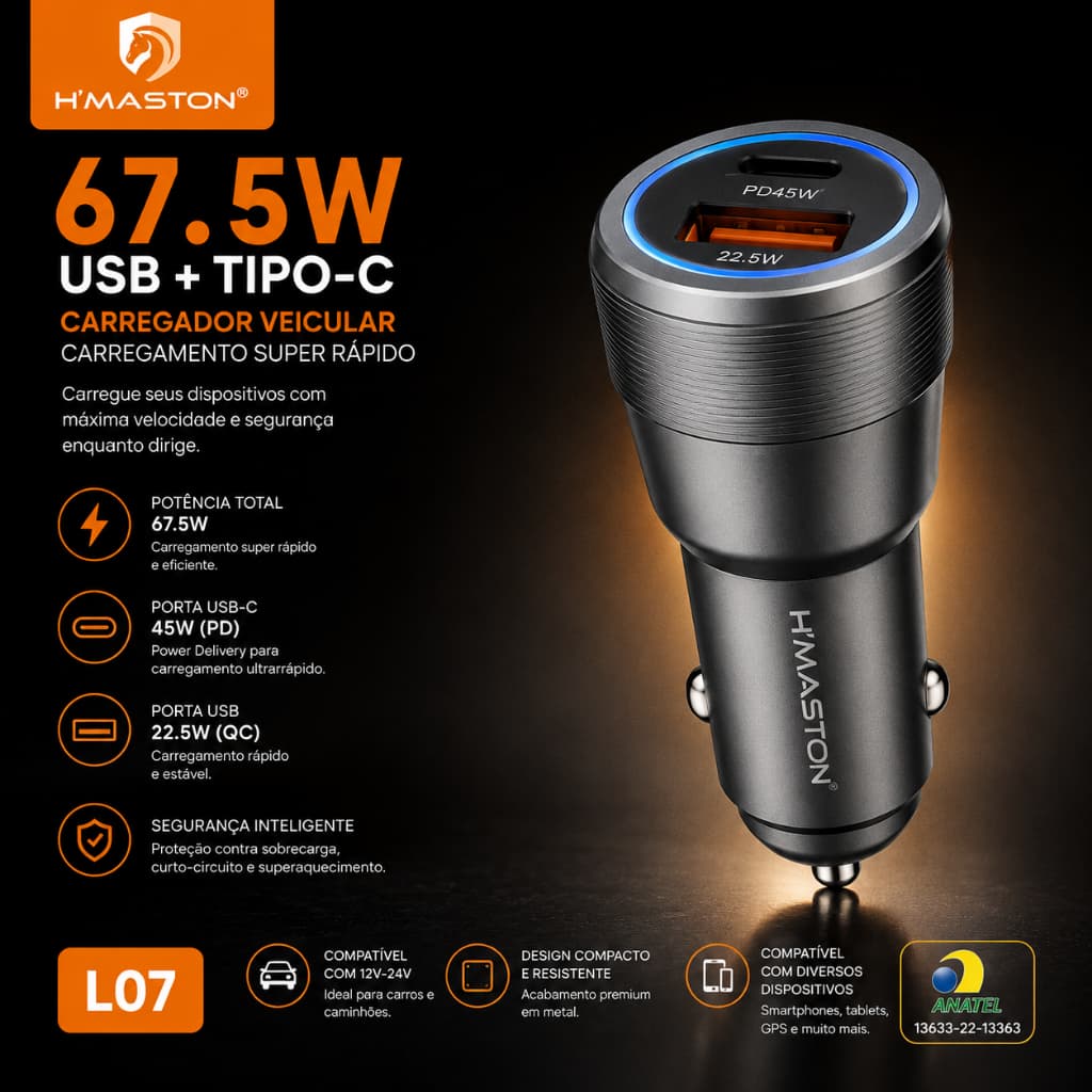 Carregador Veicular H’Maston Turbo 67.5W USB + Tipo-C