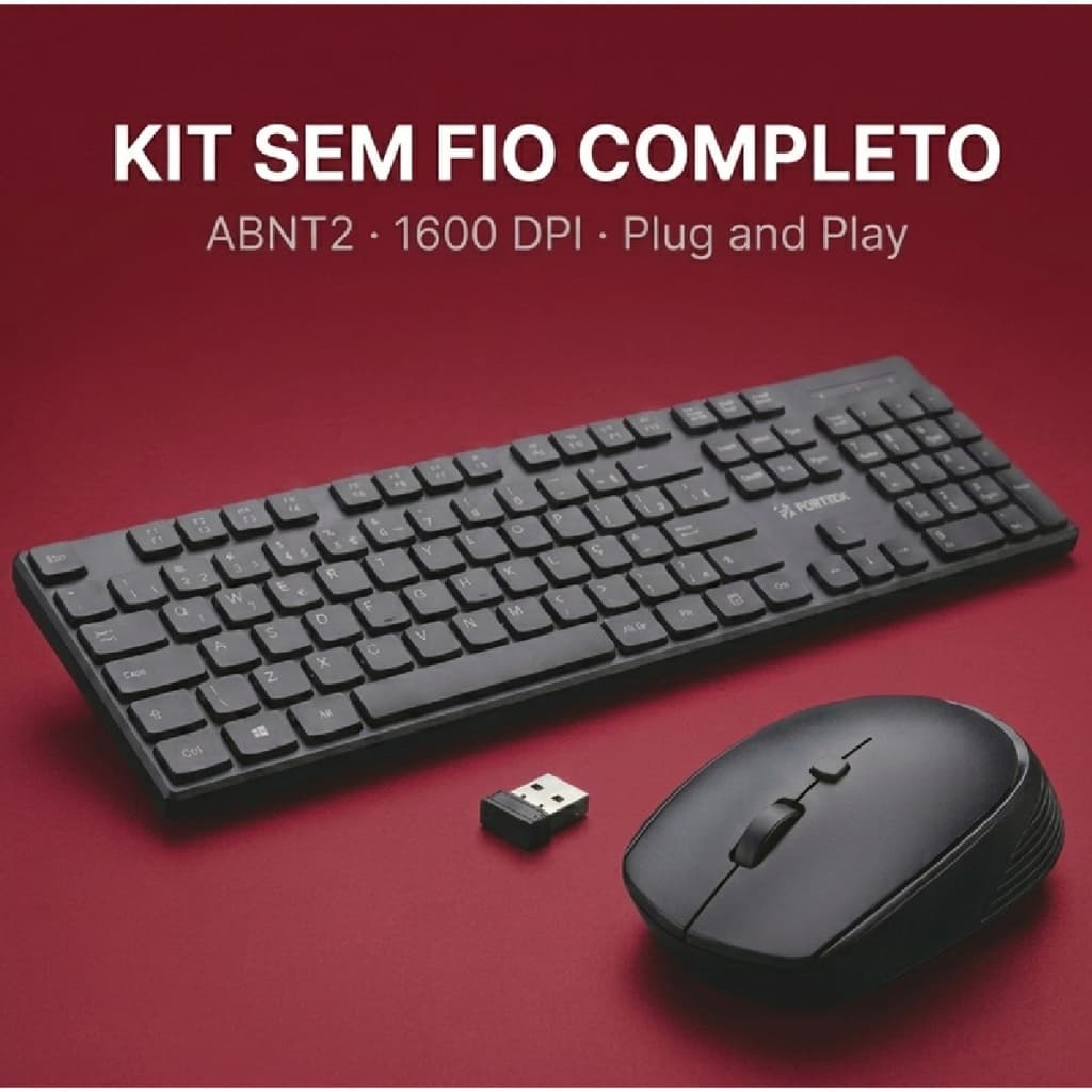 Kit Teclado E Mouse Sem Fio Fortrek Preto CW11 ABNT2 1600 DPI Wireless USB Office Notebook PC Mac Slim