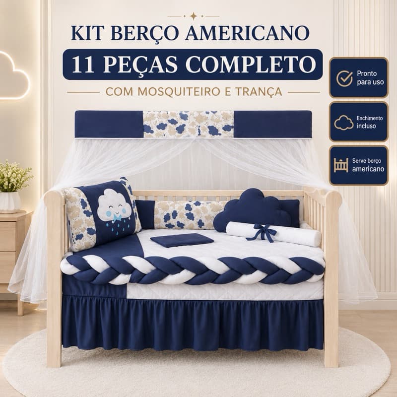 Kit Berço Americano 11 Peças Completo com Mosquiteiro Trança Trocador Enxoval Bebê Menino Menina