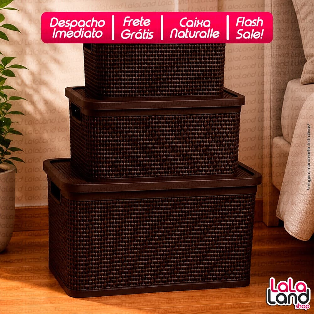 Kit 3 Cestos Organizadores com Tampa Rattan Marrom Multiuso para Casa Banheiro Quarto