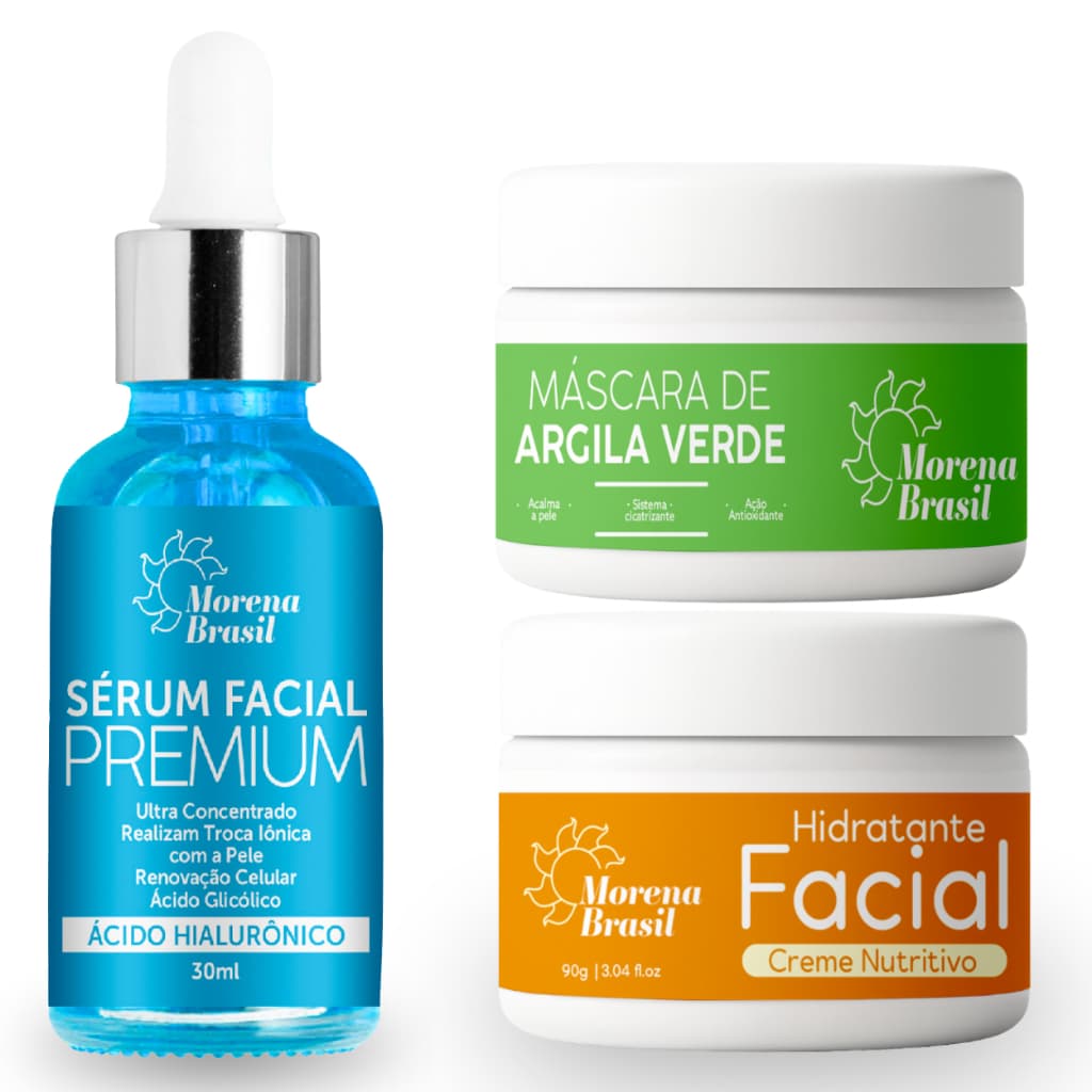 Kit Revitalização Facial Completo - Sérum Ácido Hialurônico + Argila Verde + Creme Vitamina C 💙​💚​💛​