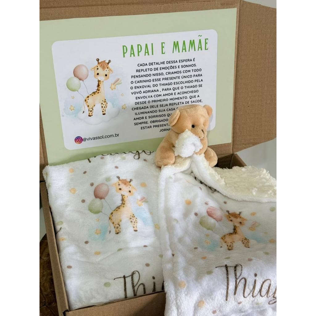 Kit Manta e Naninha Girafinha  Bebê Personalizado Girafa Com Nome Enxoval