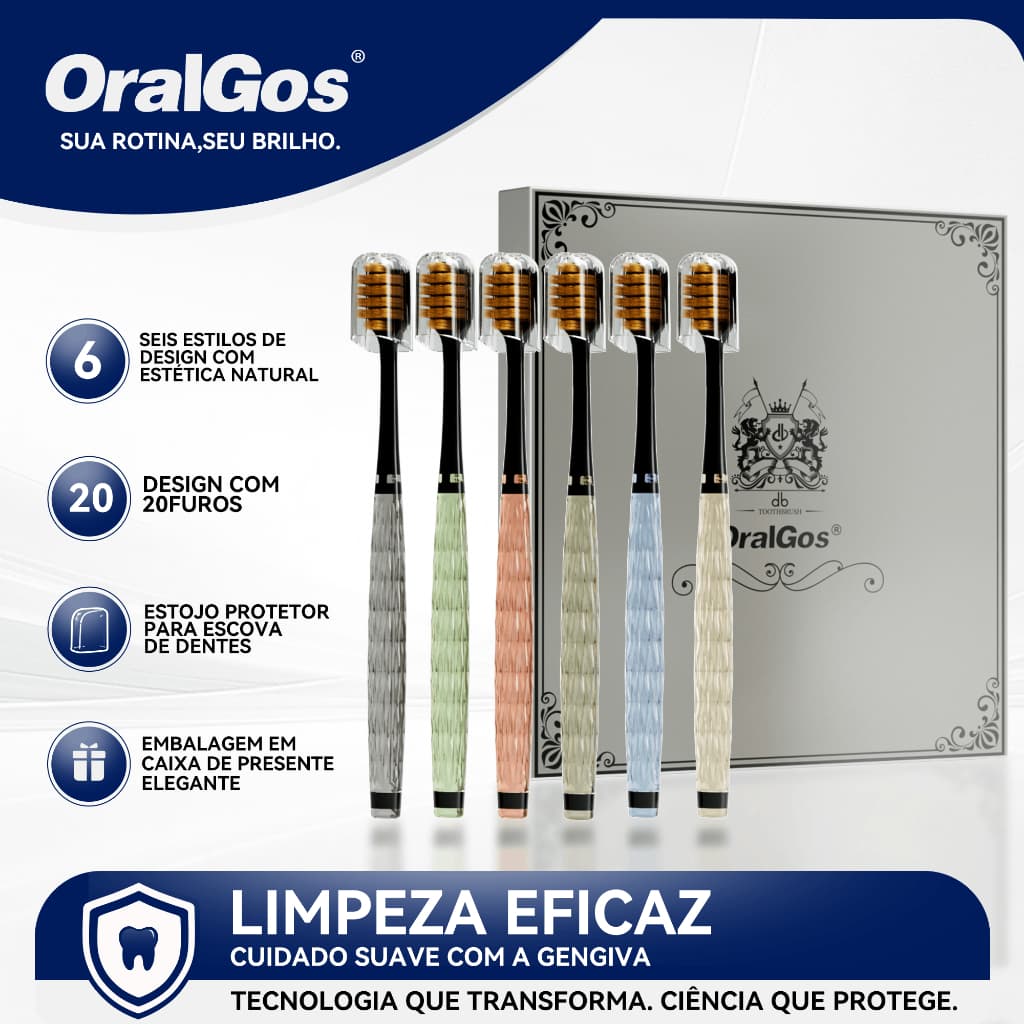 OralGos Escova de Dentes - Cabo Transparente, 6 Cores, Cerdas 0.12mm