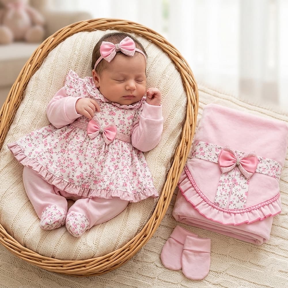 Saída De Maternidade Conjunto Roupa Para Bebê Menina Amora Floral 05 Peças