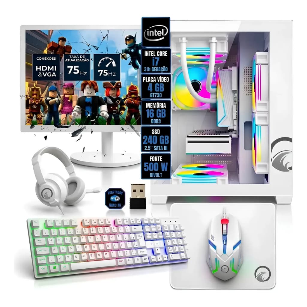 PC Gamer Montado Computador Intel Core i7 GT 730 4GB 16GB Ram SSD 240GB Gabinete Grodd Snow + Monitor e Combo Gamer