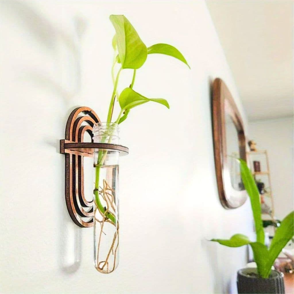 Suporte Vaso Hidropônico de Parede Tubo Vidro Prateleira MDF Decorativa Jardim Moderno Quarto Sala