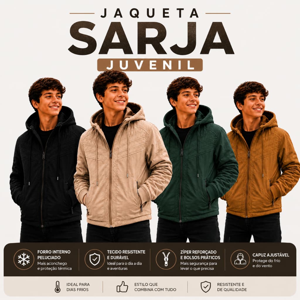 Jaqueta de Sarja Infantil Masculina Forrada Peluciada Com Capuz Removível Pelucia Bolsos com Zíper