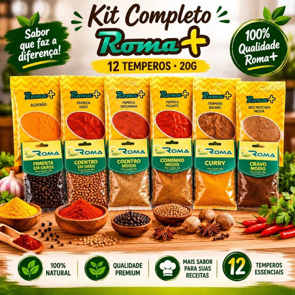 Kit com 12 Temperos e Condimentos Naturais Roma+ Variados 20g Cada