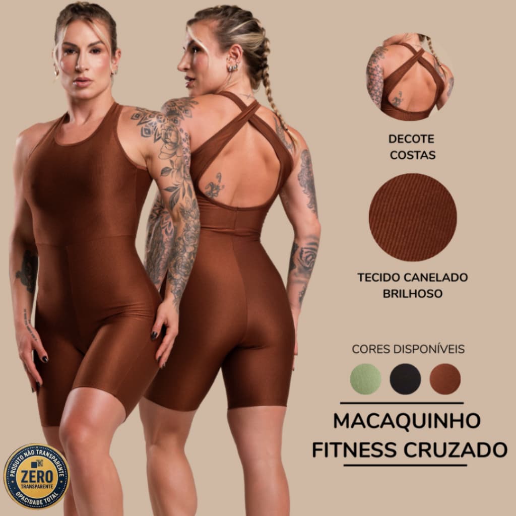 Macaquinho Macacão Tecido Canelado Brilhoso Academia Fitness Cruzado Costas Feminino Com Brilho RIQ Modas