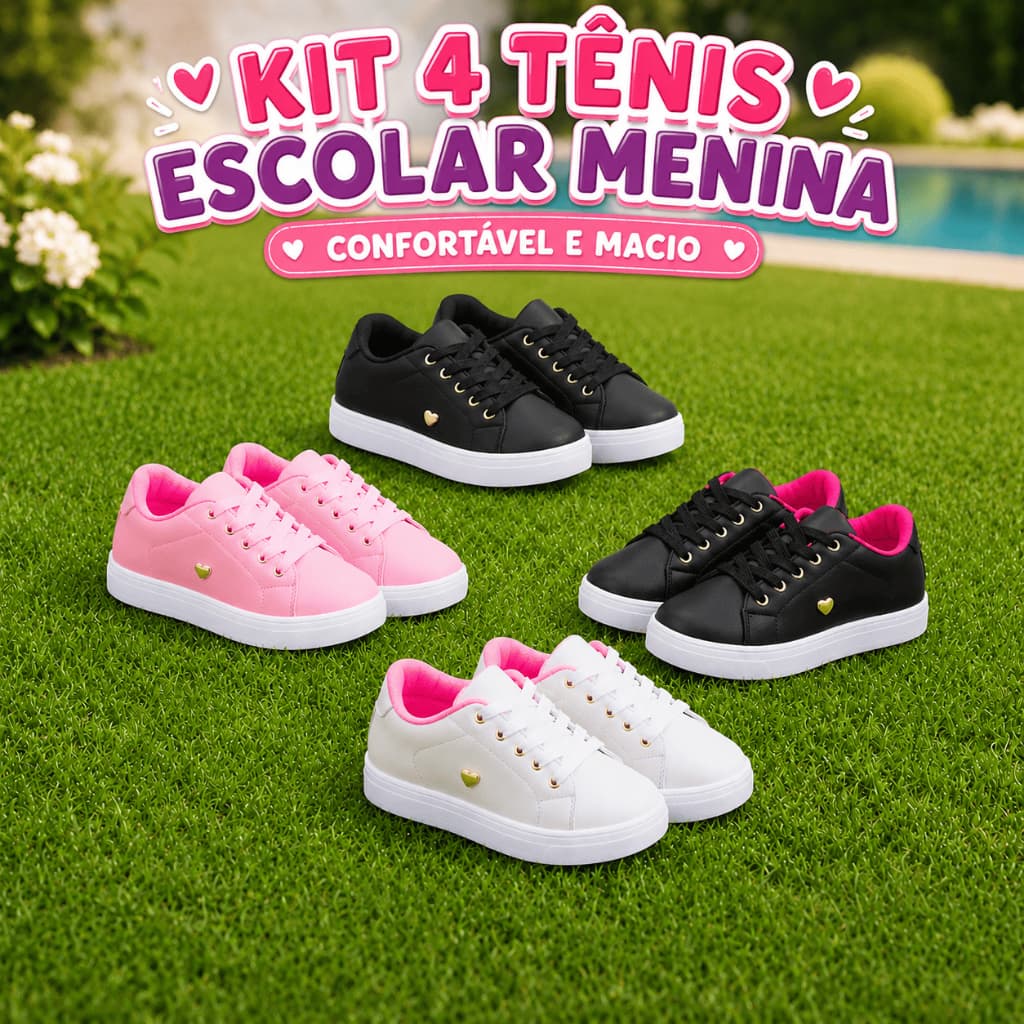 Kit 4 Pares Tênis Infantil Calçado Para Meninas Antiderrapante Confortável e Leve - Promoção