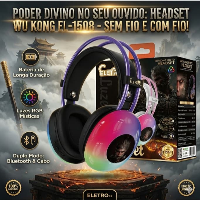 Headset Gamer RGB Sem Fio e Com Fio Wu Kong  P2 EL-1508 Compatível com Celular, PC e Notebook
