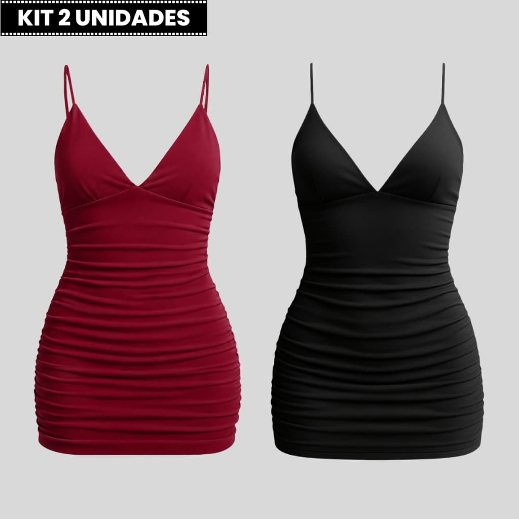 Kit 2 Vestidos Femininos Curtos Tubinho Franzido Lateral com Alça Fina – Estilo em Dobro