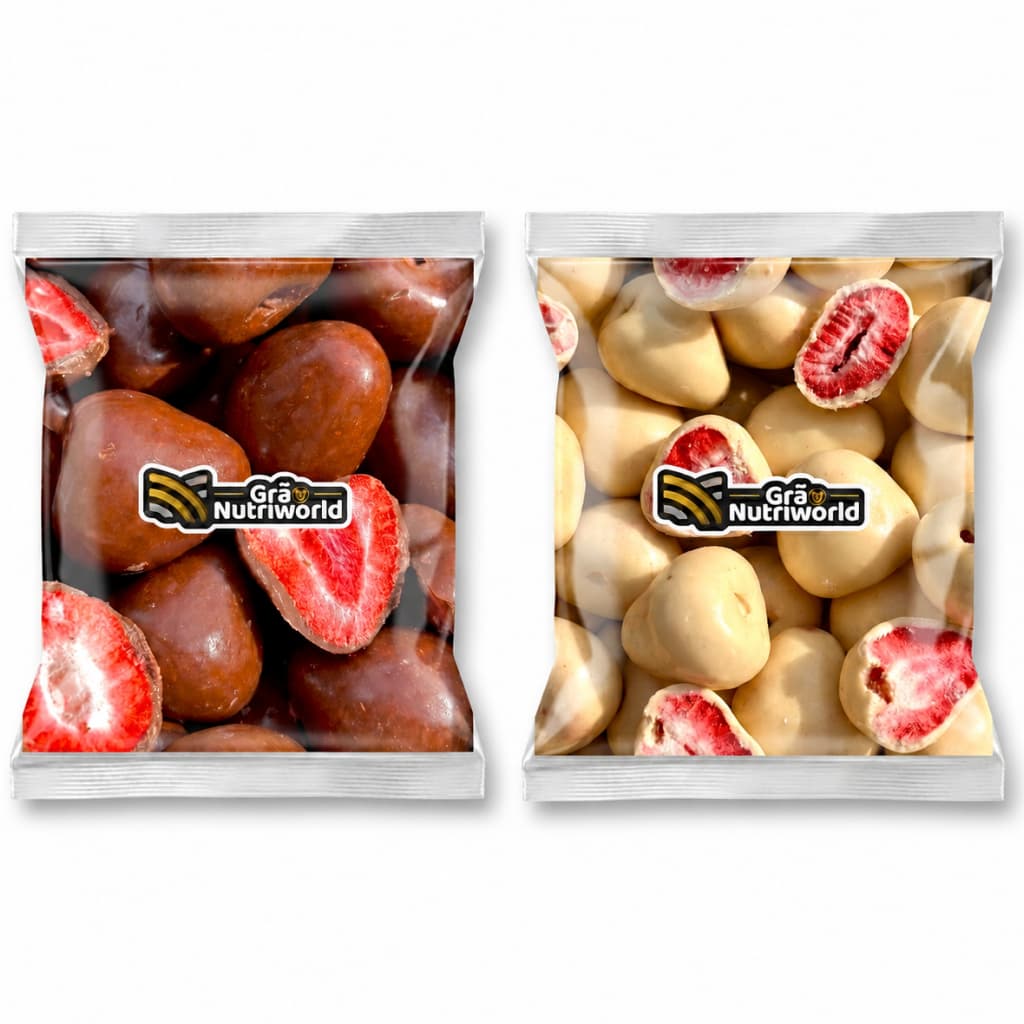 Kit Morango Liofilizado Drageado Chocolate Ao Leite + Chocolate Branco Sem Adição de Açúcares Importados 100g cada