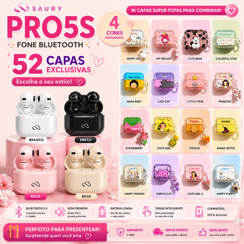 Kit SAURY PRO5S Capinha de Silicone + Fone Bluetooth Grátis, Capa Protetora Antiqueda com Design Fofo