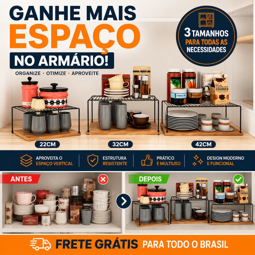 Organizador de Armário Cozinha Aramado Ganha Espaço Prateleira Organizadora Multiuso 22cm 32cm 42cm