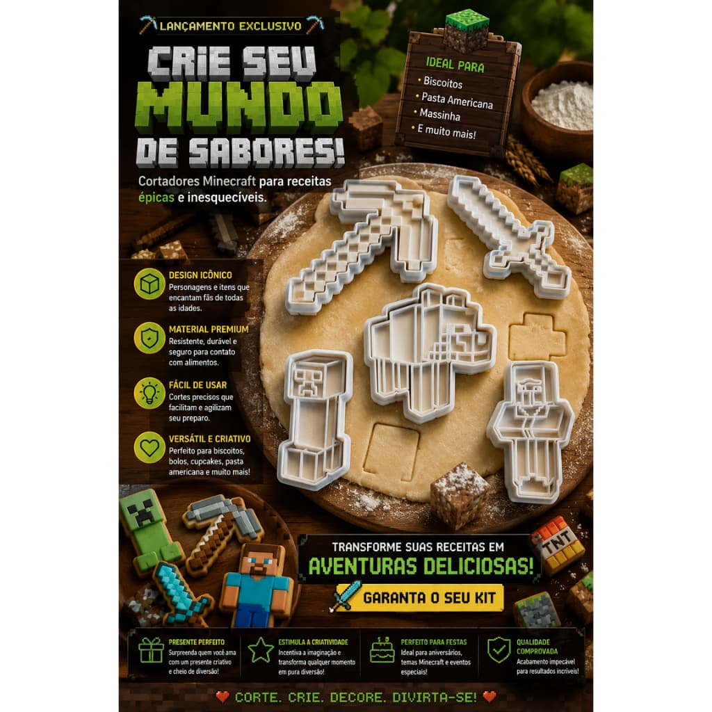 Kit Cortadores Minecraft | Biscoitos | Cookies | Pasta Americana | Massinha de Modelar – 5 Unidades