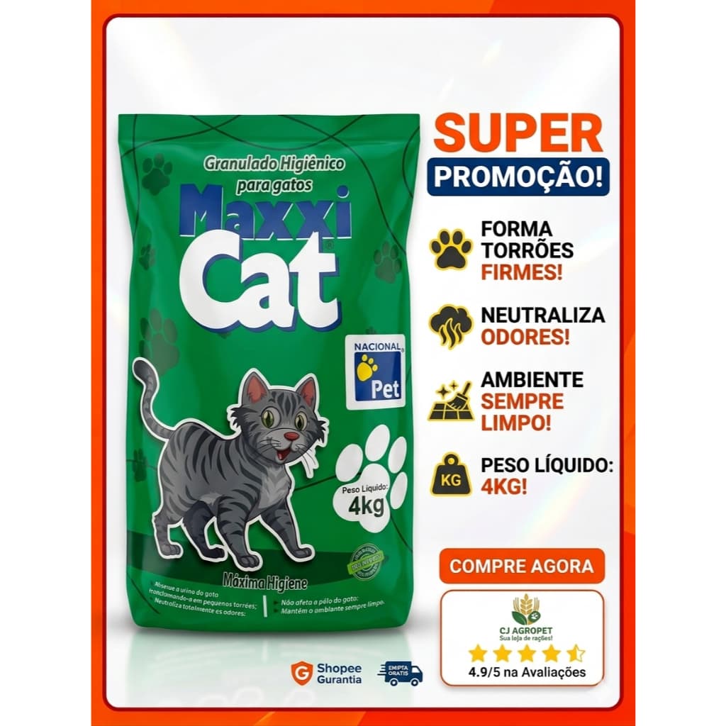 Areia Sanitária Para Gatos Antiodor MaxxiCat 4Kg Granulado Sanitario Para Gatos Ultra Controle de Odores e Alta Absorção