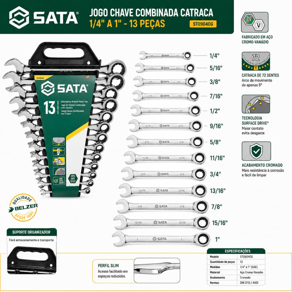 Jogo Chave Combinada Catraca 1/4 À 1'' 13 peças  Sata St09040g