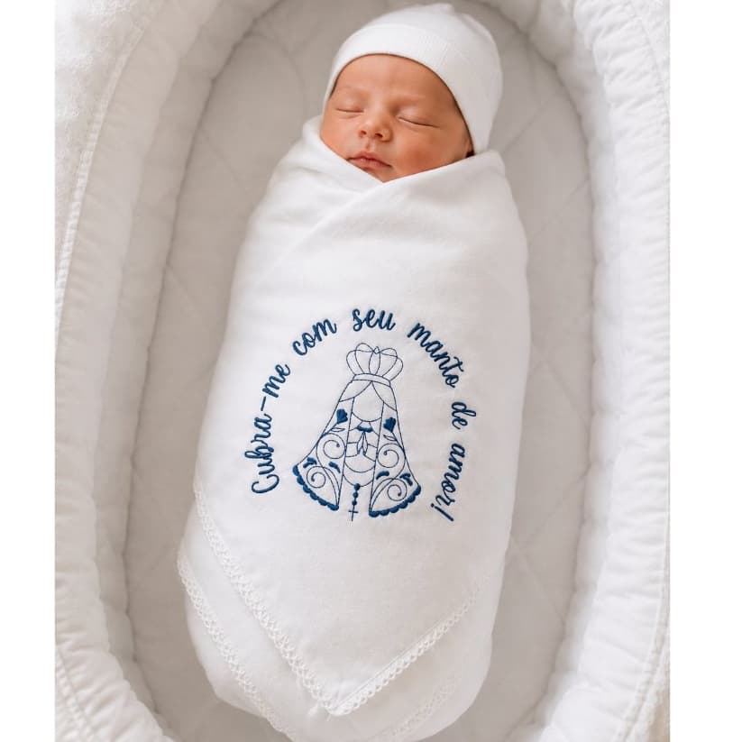 Cueiro Manta de Bebê Bordado Nossa Senhora Aparecida Manta de Bebê Enxoval de Bebê Kit Leito Maternidade