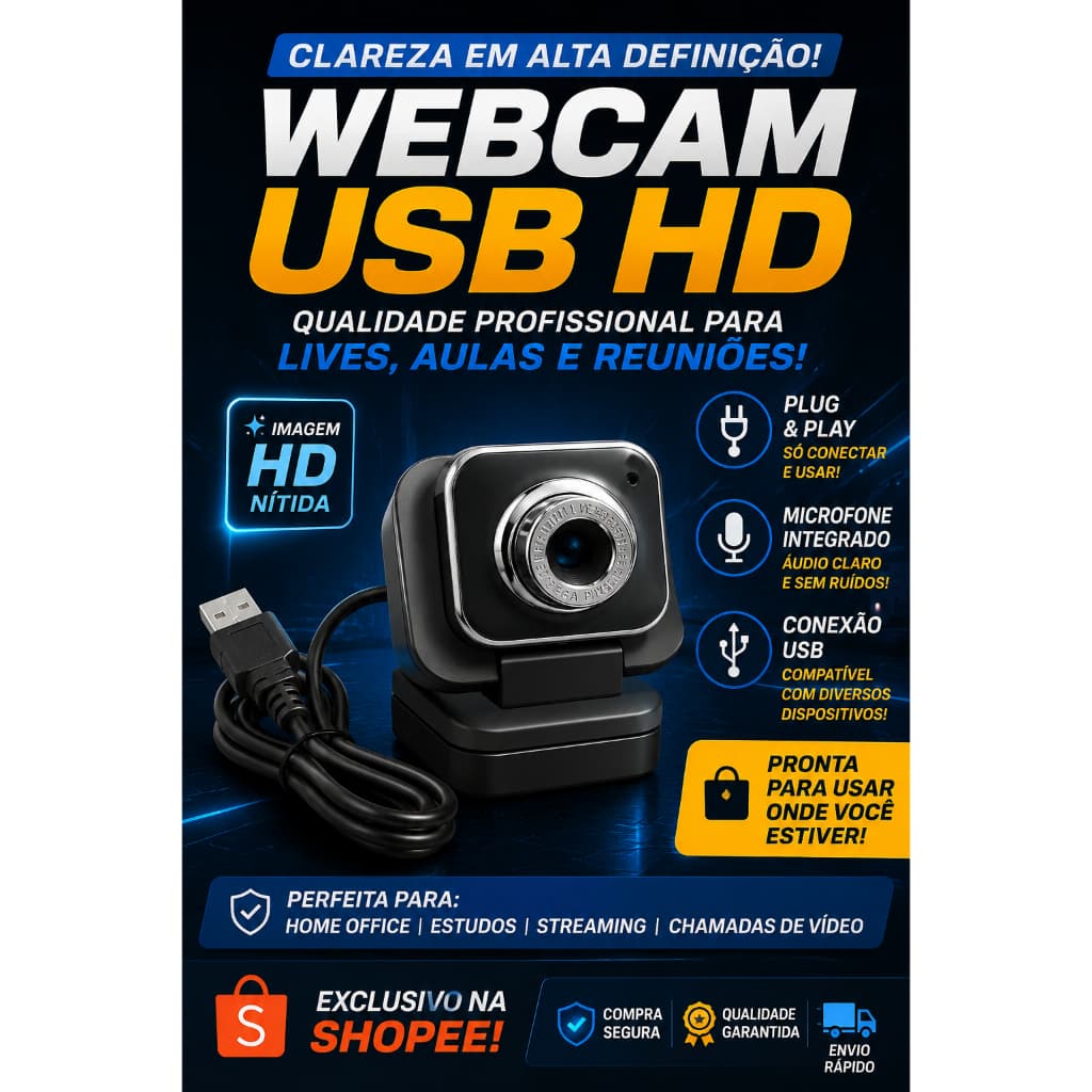Webcam Full HD 1080p Ultra Qualidade - Widescreen USB, Ideal para Videoconferências