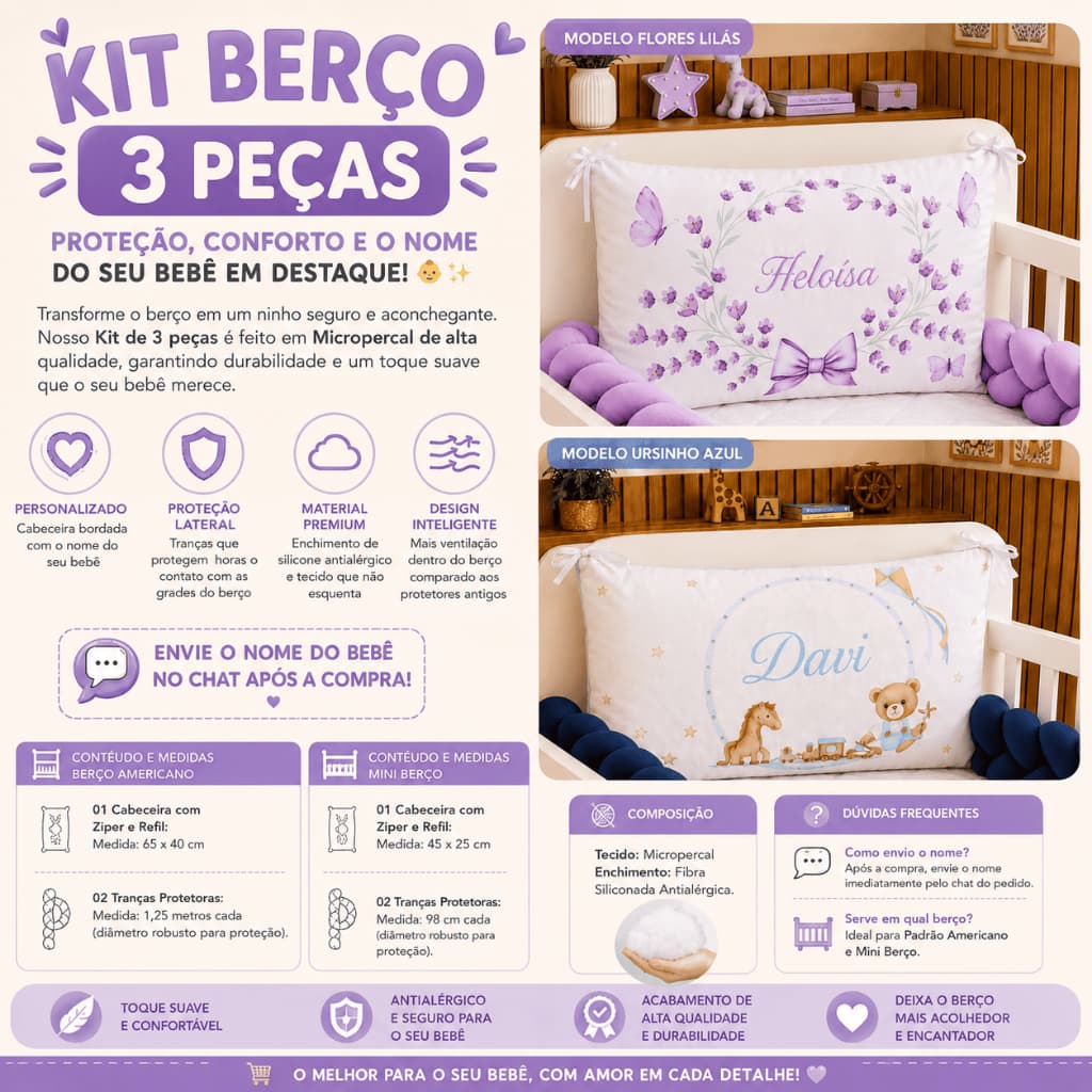 Kit Berço Americano ou Portátil ou Mini berço cabeceira personalizada nome + trança menino menina
