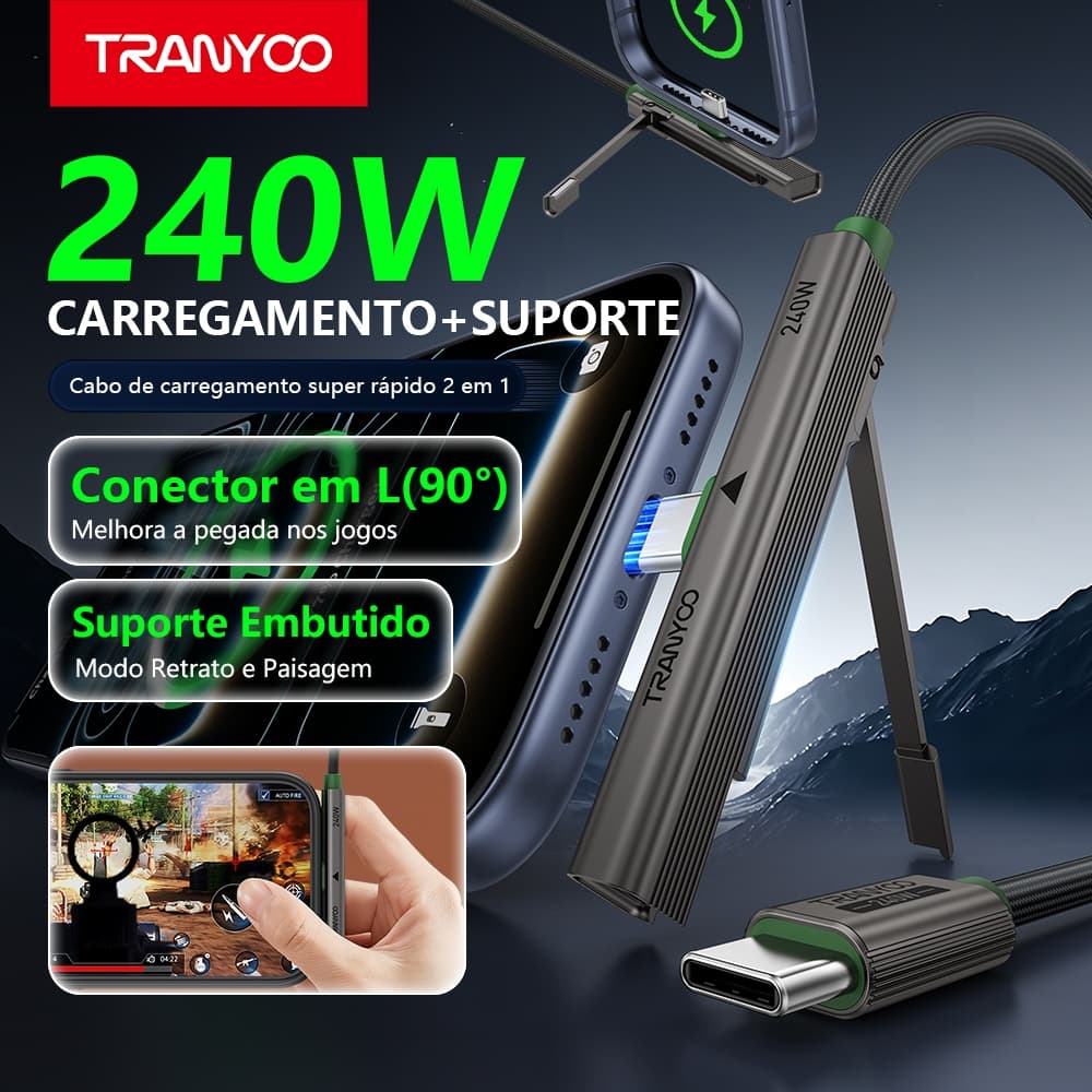 Cabo Tipo C para Tipo C TRANYOO CC-10 240W Turbo com Suporte de Celular Apoio Gamer Carregador Rapido Envio Imediato