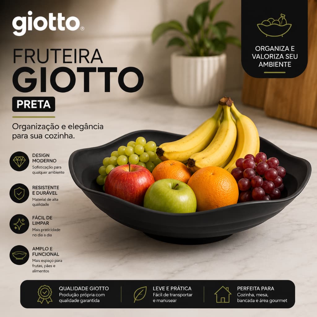 Fruteira de Mesa Preta Organizador Frutas Organização Cozinha Armazenamento Moderno Casa Multiuso Giotto