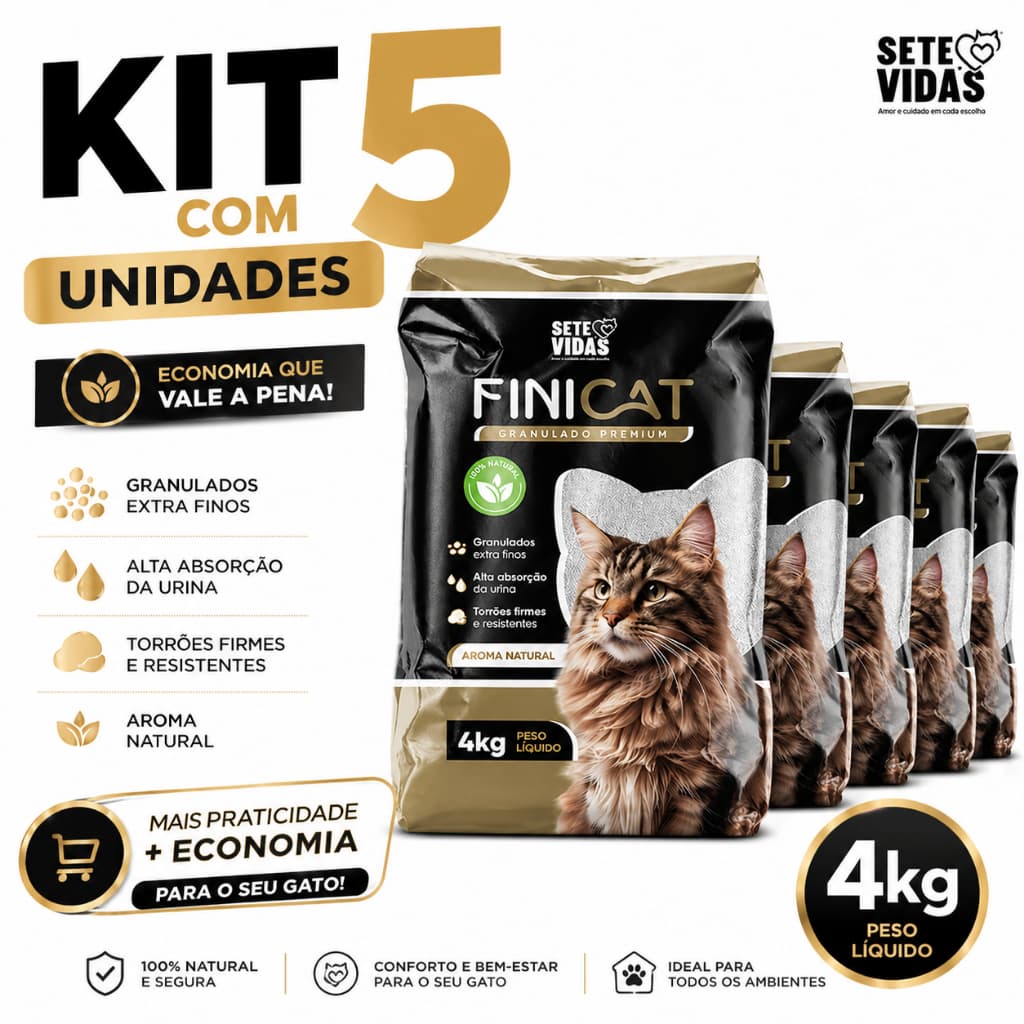 Kit 5 Areia Sanitária Higiênica FiniCat Premium Para Gatos Anti Odor Grãos Extra finos 20 kg Total