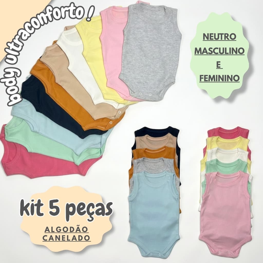 Kit 5 Body Bebê Regata Malha Canelada Algodão Pagão Enxoval Maternidade Macacão Rescém Nascido